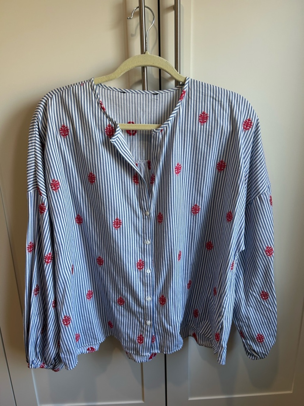 Zara Blue White Striped Blouse with Red Embroidered Flowers
